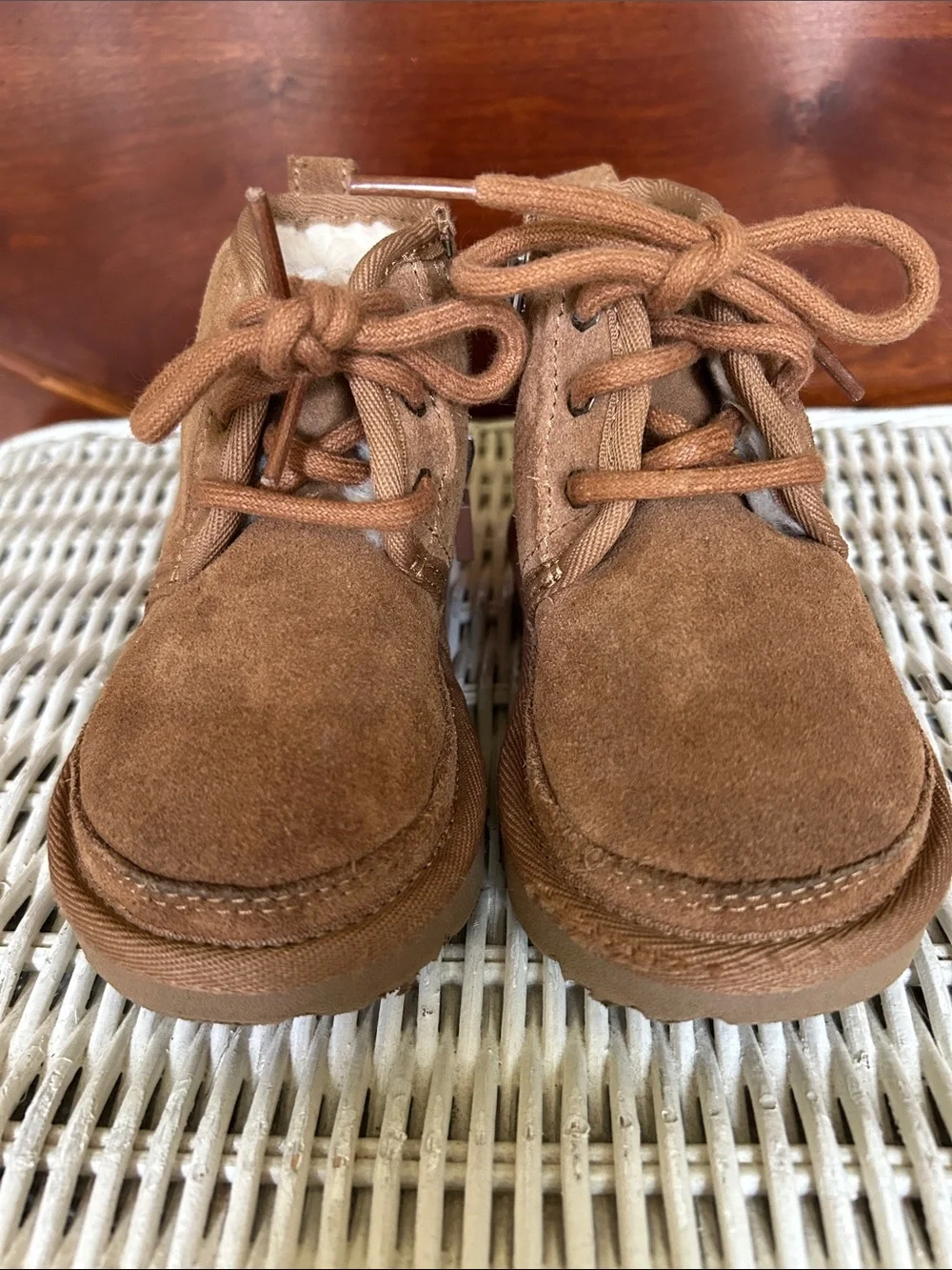 UGG Kids Chestnut Suede Lace-Up Booties with Side Zipper. Neumel  II